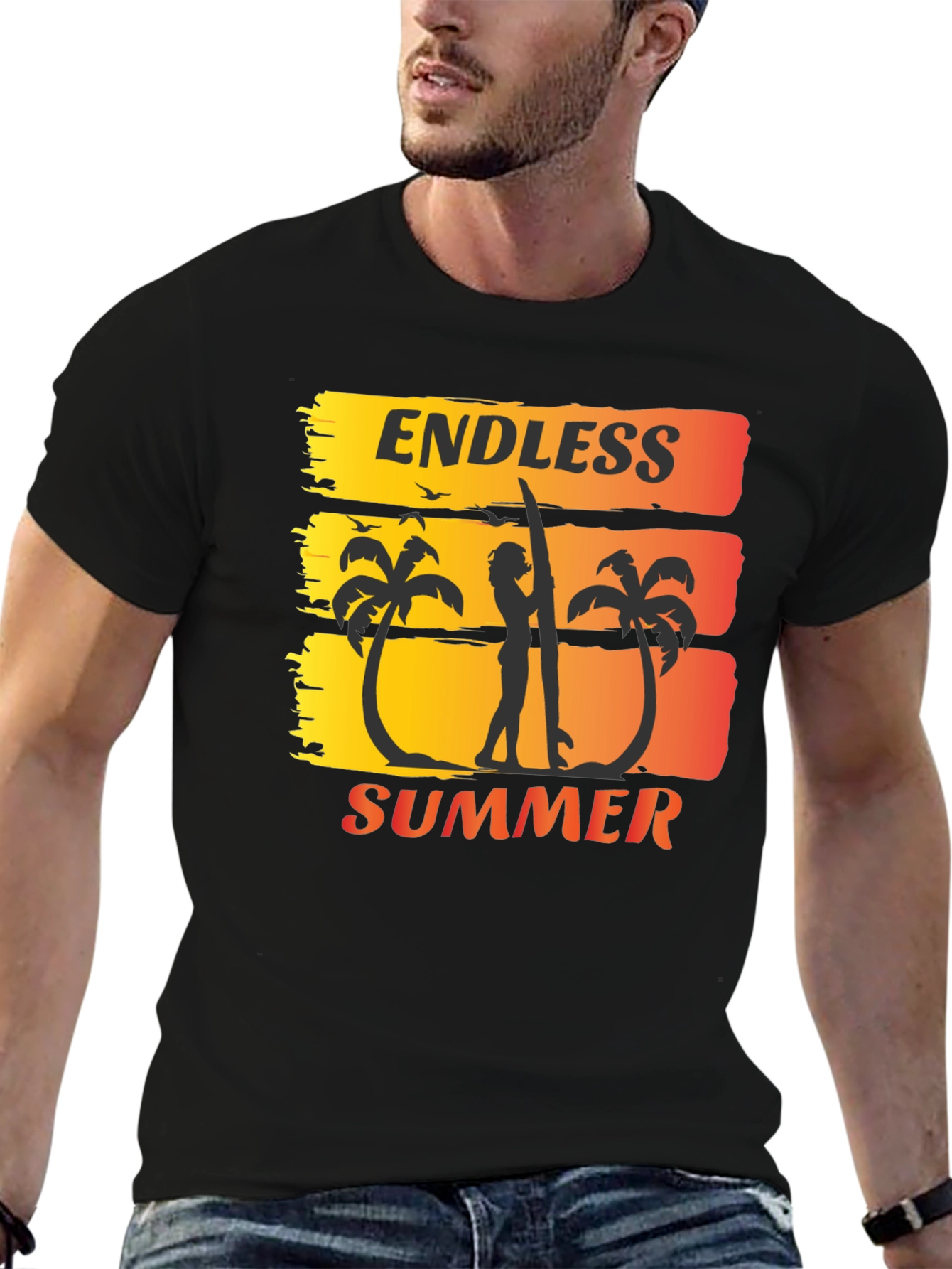 Endless Summer Graphic Tee - Surfer Palm Tree Design