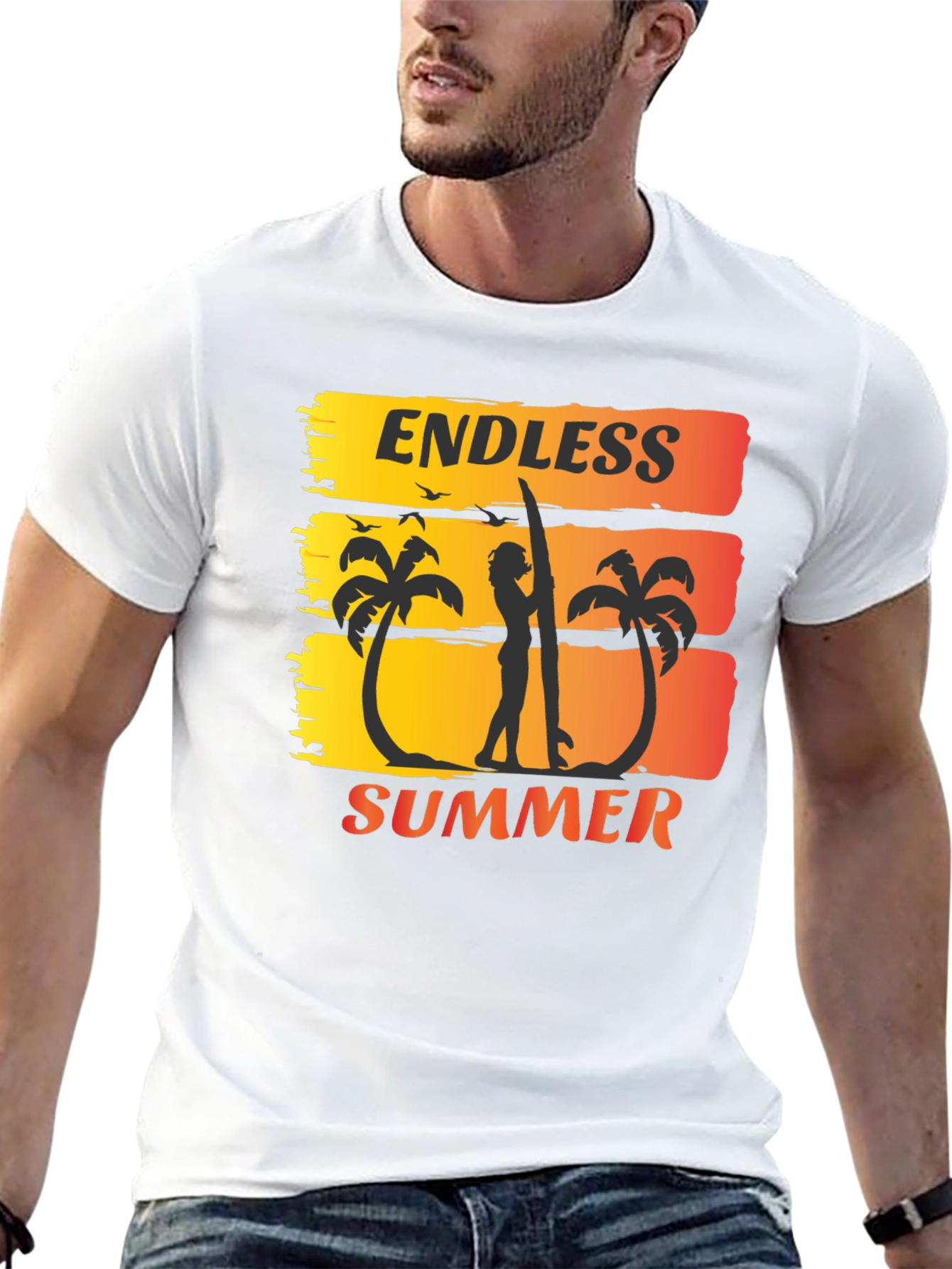 Endless Summer Graphic Tee - Surfer Palm Tree Design