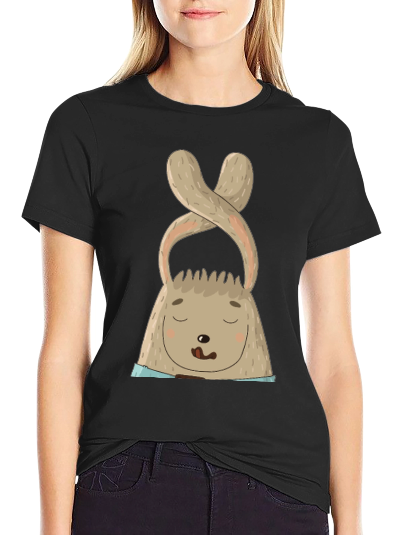 Cute Bunny Graphic Tee - Black Cotton Blend