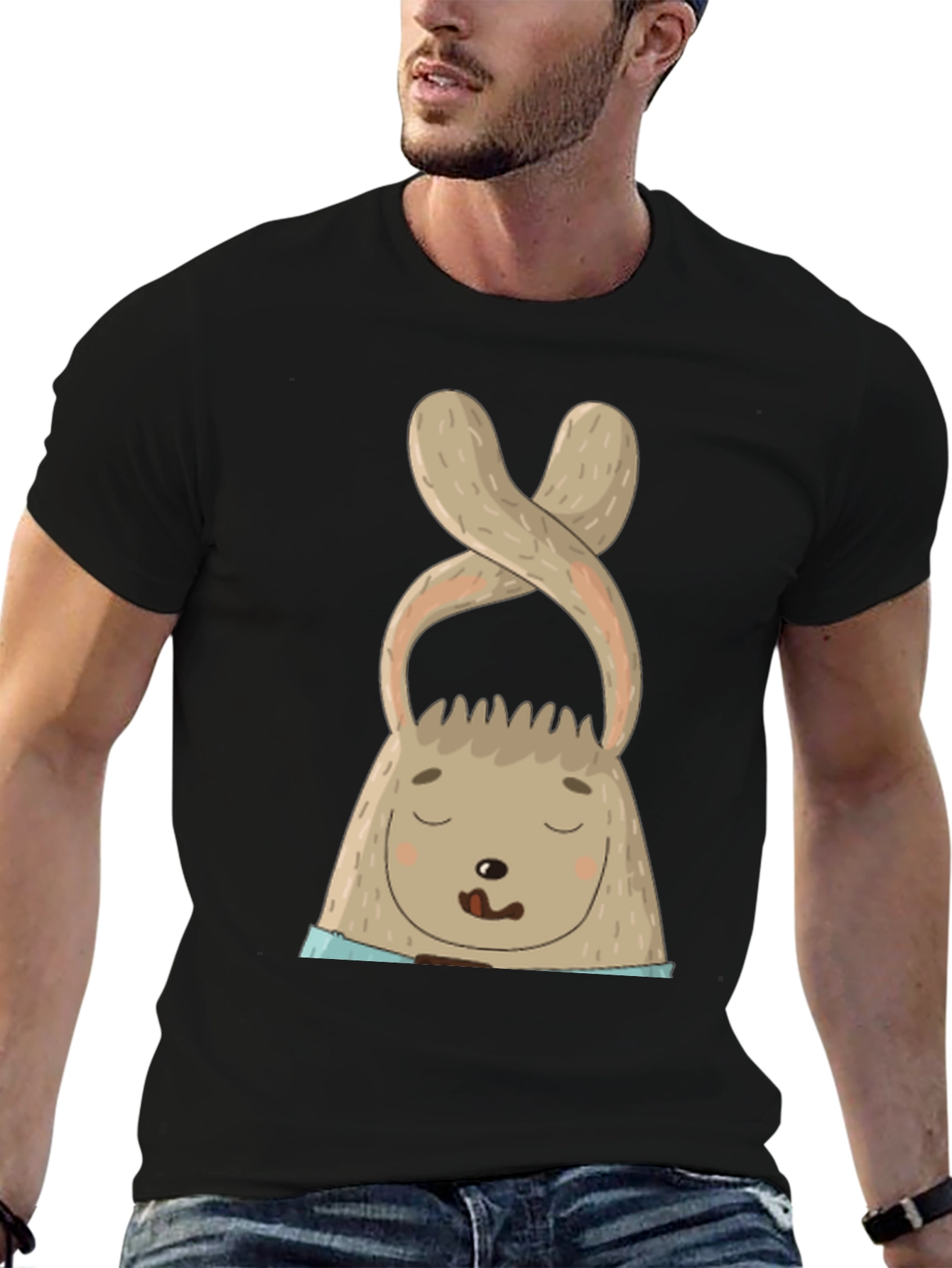 Cute Bunny Graphic Tee - Black Cotton Blend