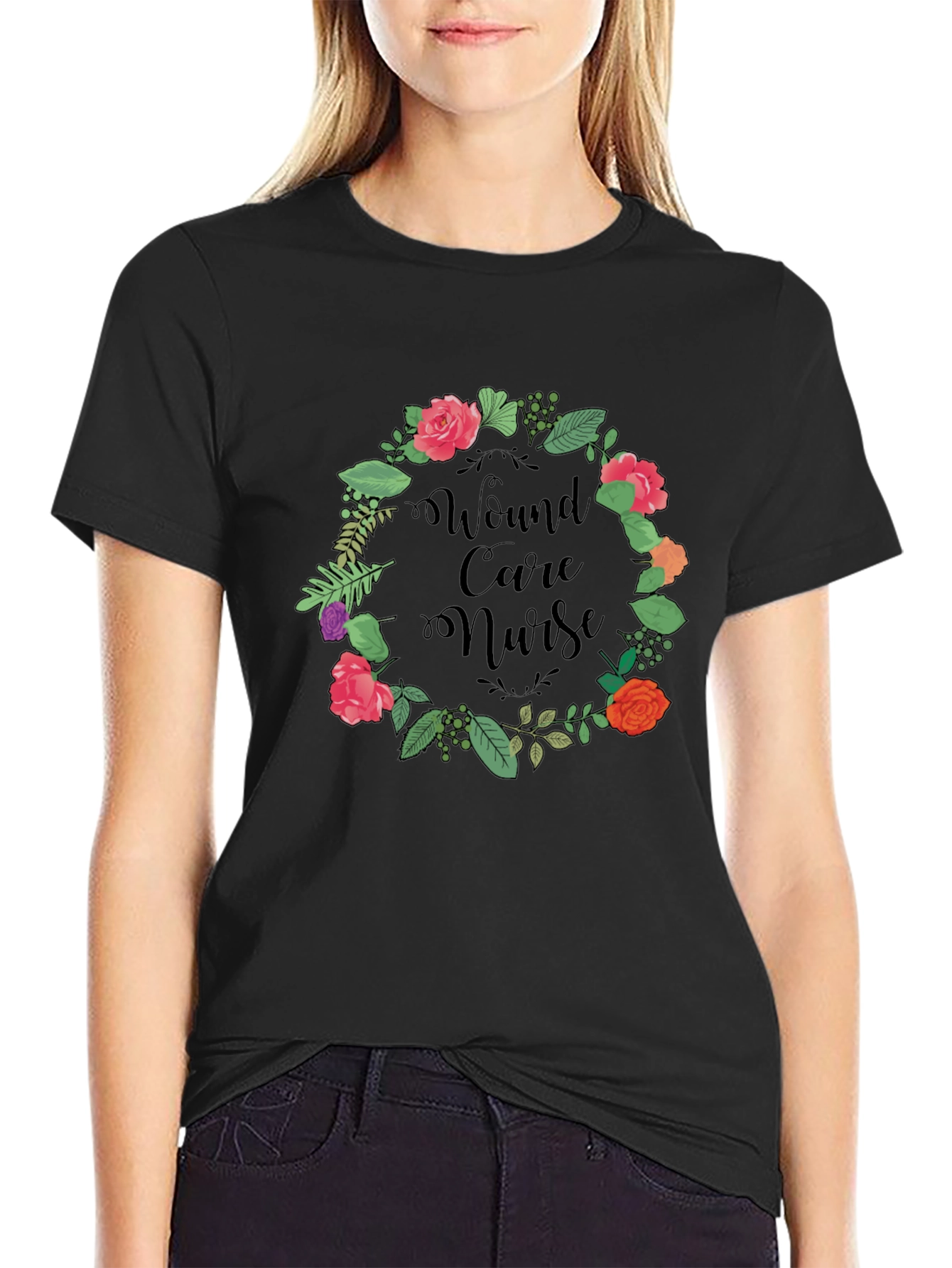 Wound Care Nurse Floral Wreath Graphic Tee