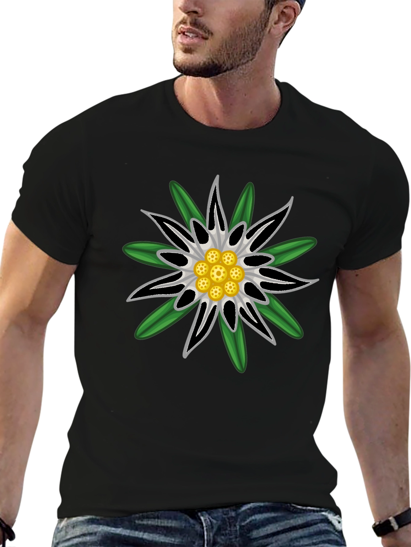 Edelweiss Flower Graphic T-Shirt - Black Cotton Tee