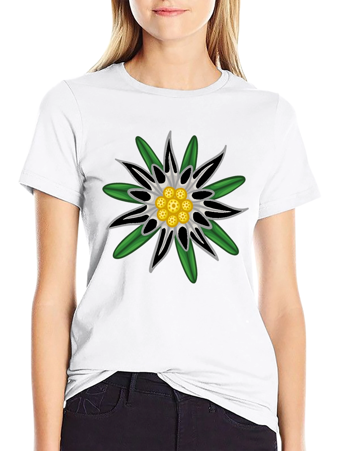 Edelweiss Flower Graphic T-Shirt - Black Cotton Tee