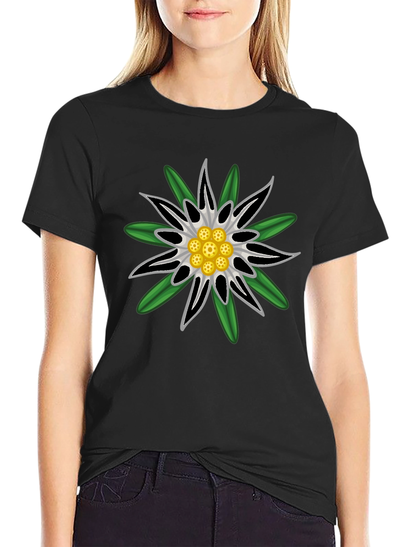 Edelweiss Flower Graphic T-Shirt - Black Cotton Tee