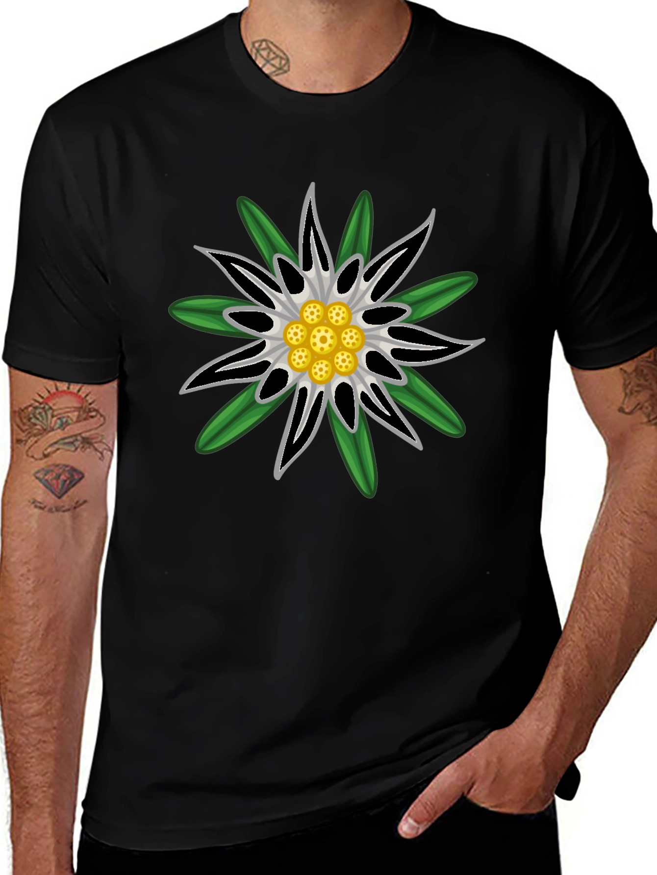 Edelweiss Flower Graphic T-Shirt - Black Cotton Tee