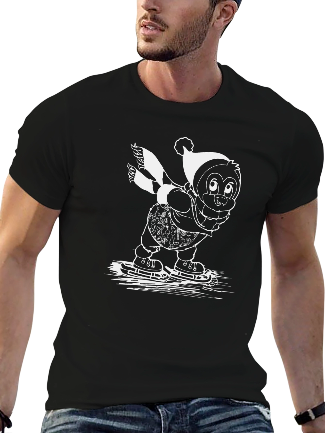 Penguin Ice Skating T-Shirt - Black Cotton Tee