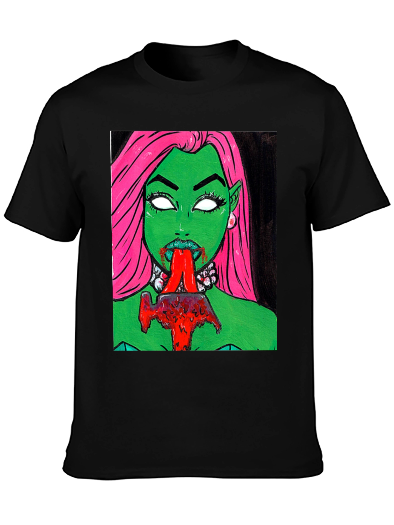 Graphic Print Tee: Green Vampire with Pink Hair