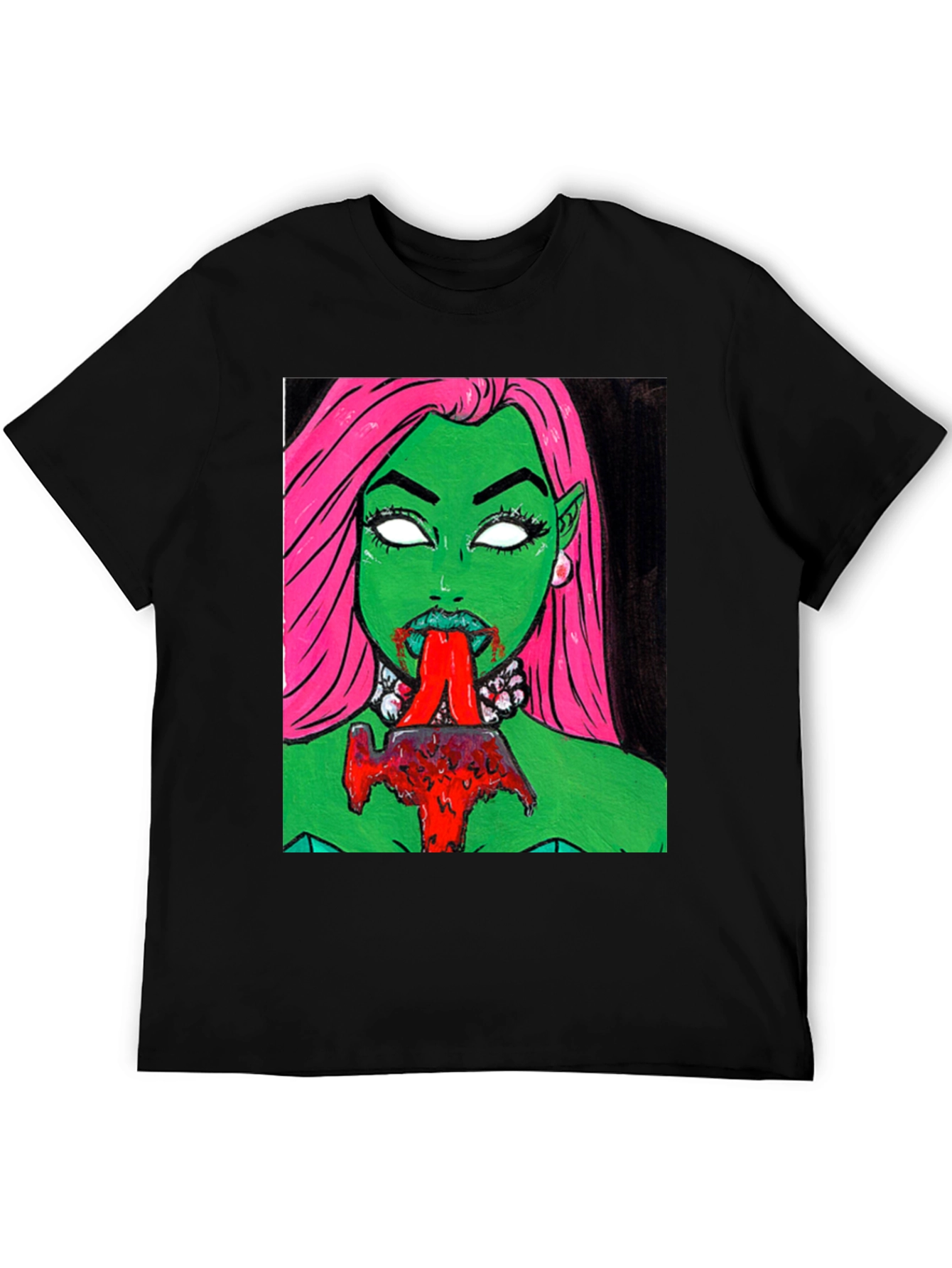 Graphic Print Tee: Green Vampire with Pink Hair