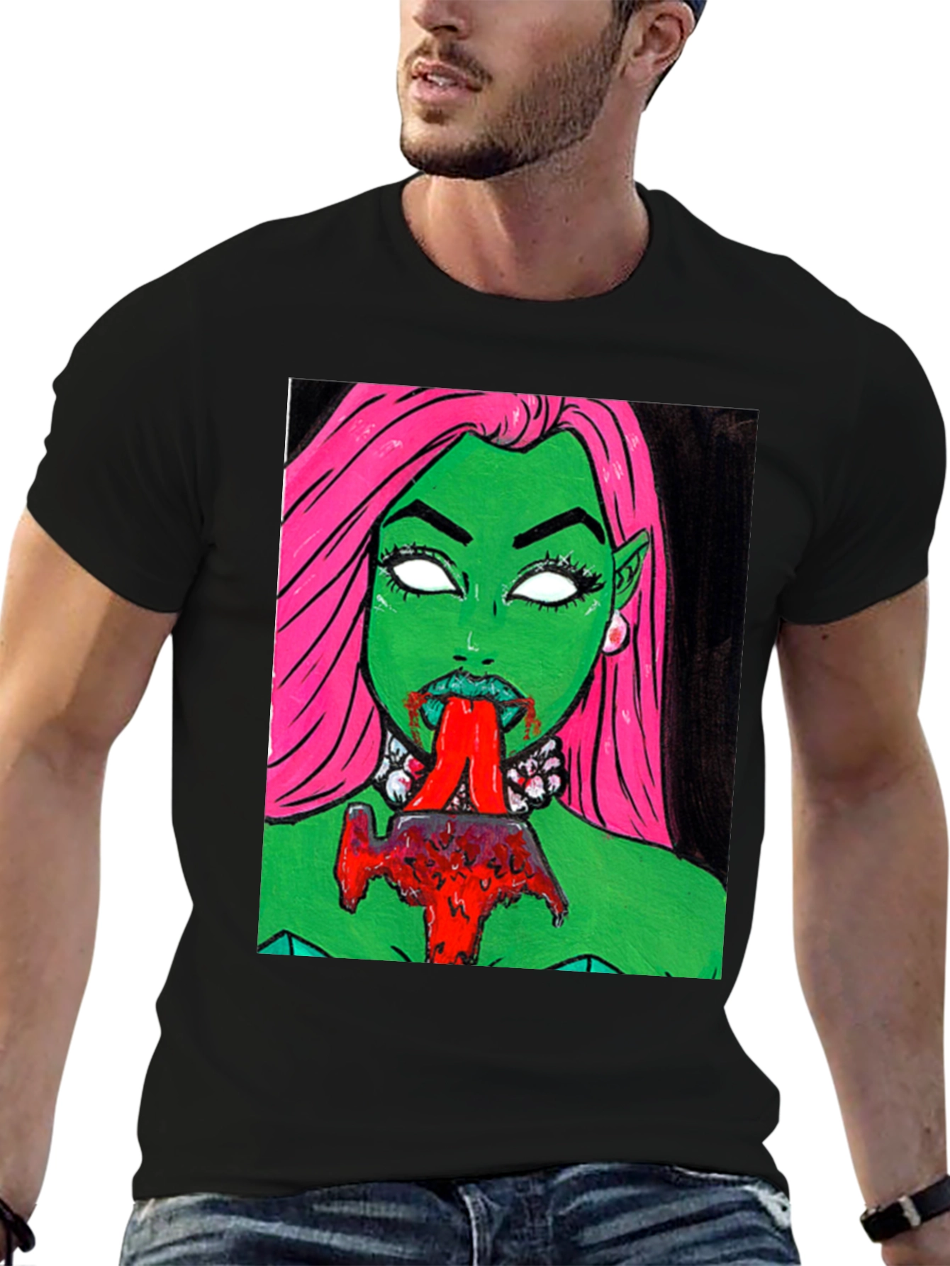 Graphic Print Tee: Green Vampire with Pink Hair