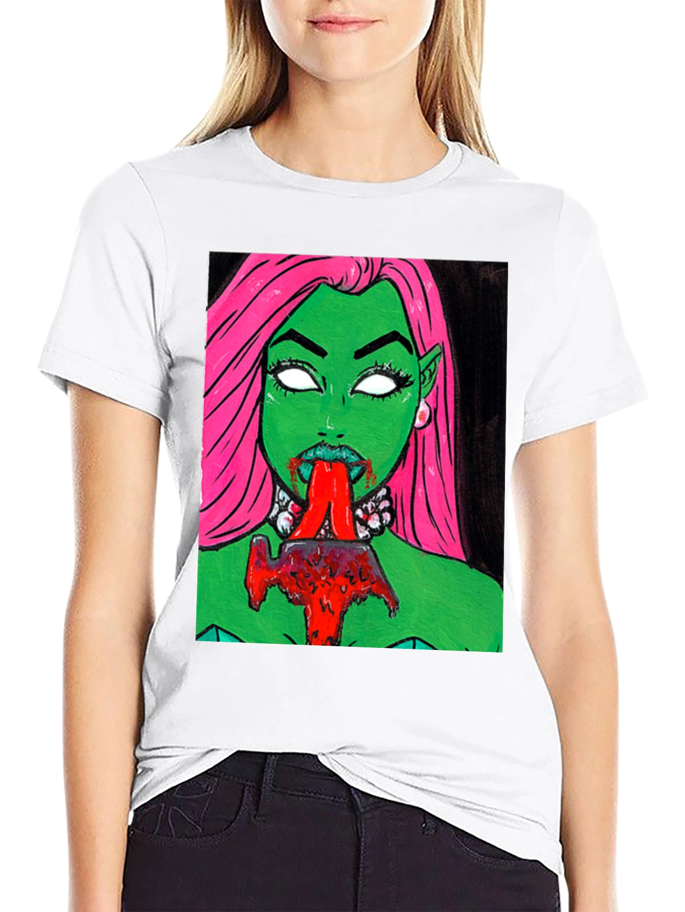 Graphic Print Tee: Green Vampire with Pink Hair