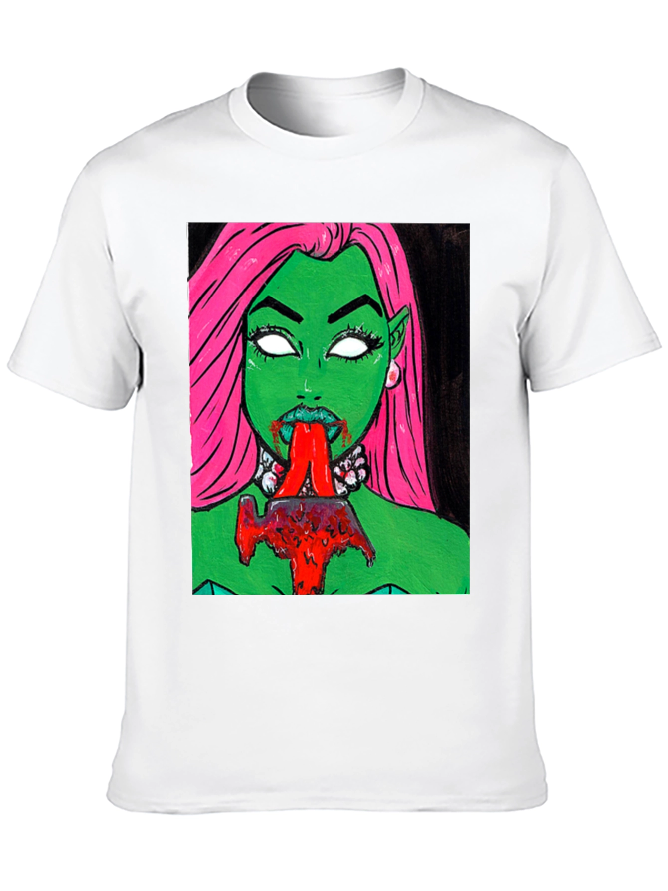 Graphic Print Tee: Green Vampire with Pink Hair
