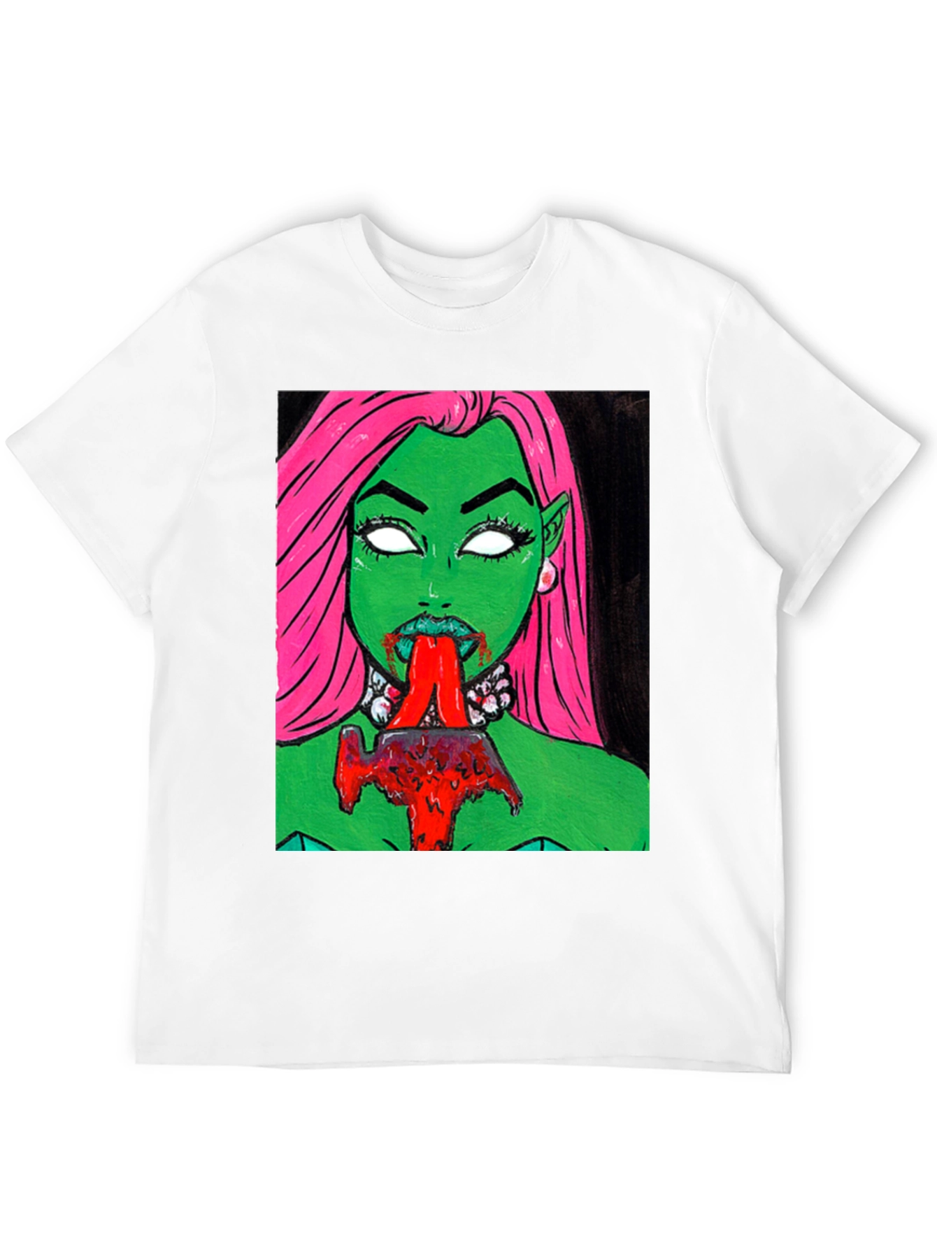 Graphic Print Tee: Green Vampire with Pink Hair