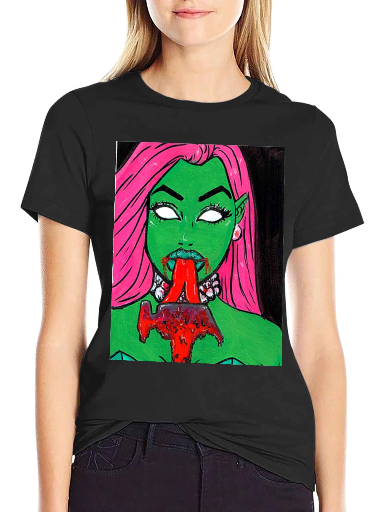 Graphic Print Tee: Green Vampire with Pink Hair