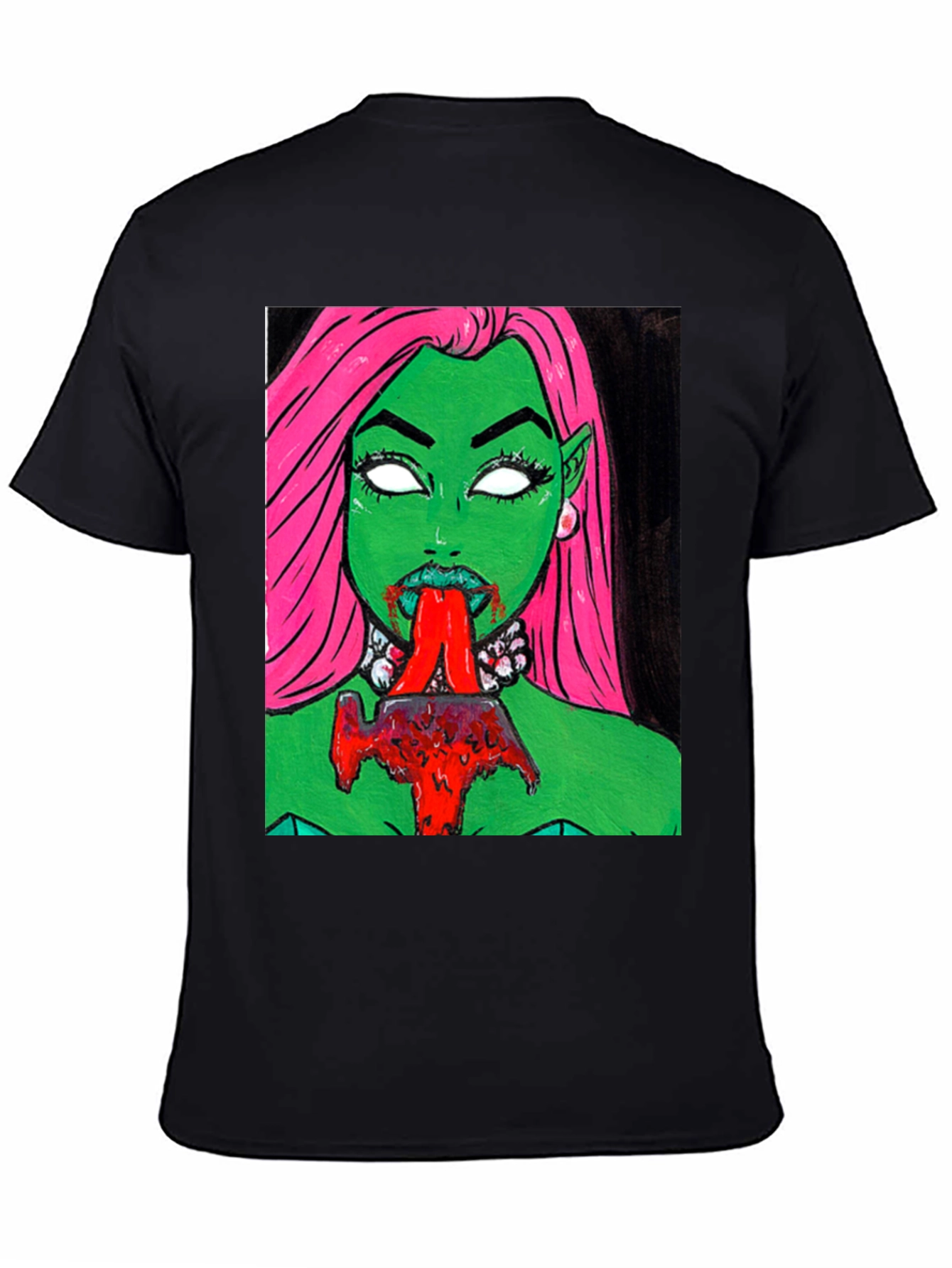 Graphic Print Tee: Green Vampire with Pink Hair