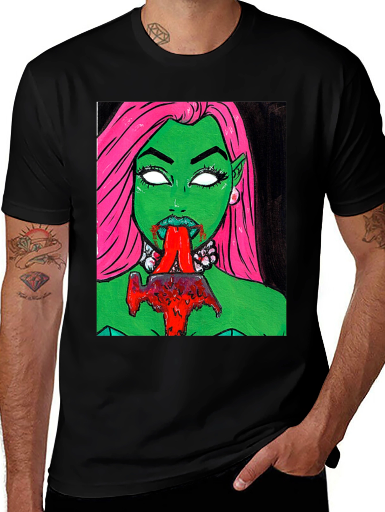 Graphic Print Tee: Green Vampire with Pink Hair