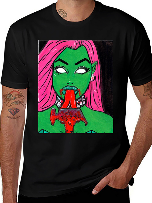 Graphic Print Tee: Green Vampire with Pink Hair
