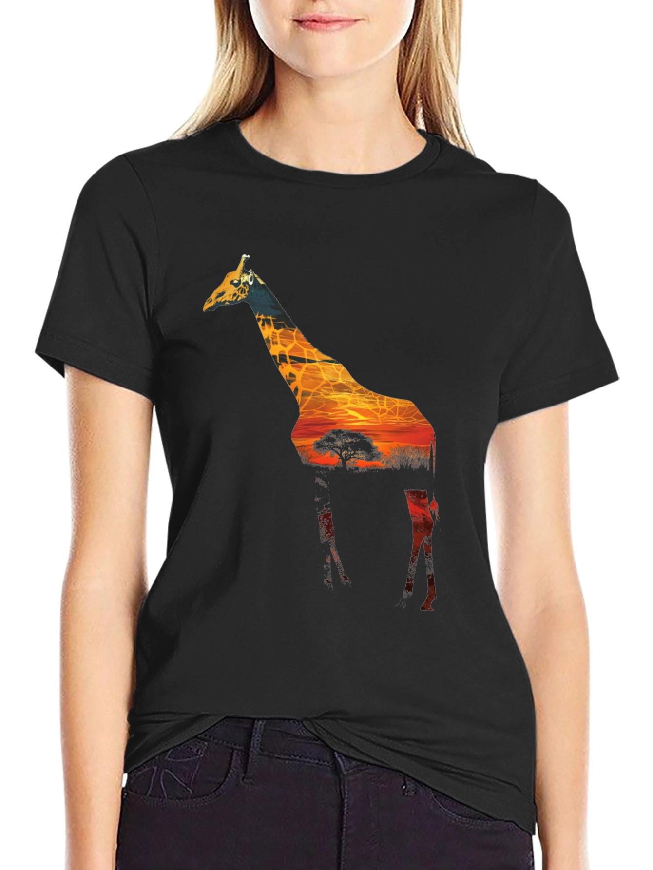 Giraffe Sunset Graphic Black T-Shirt