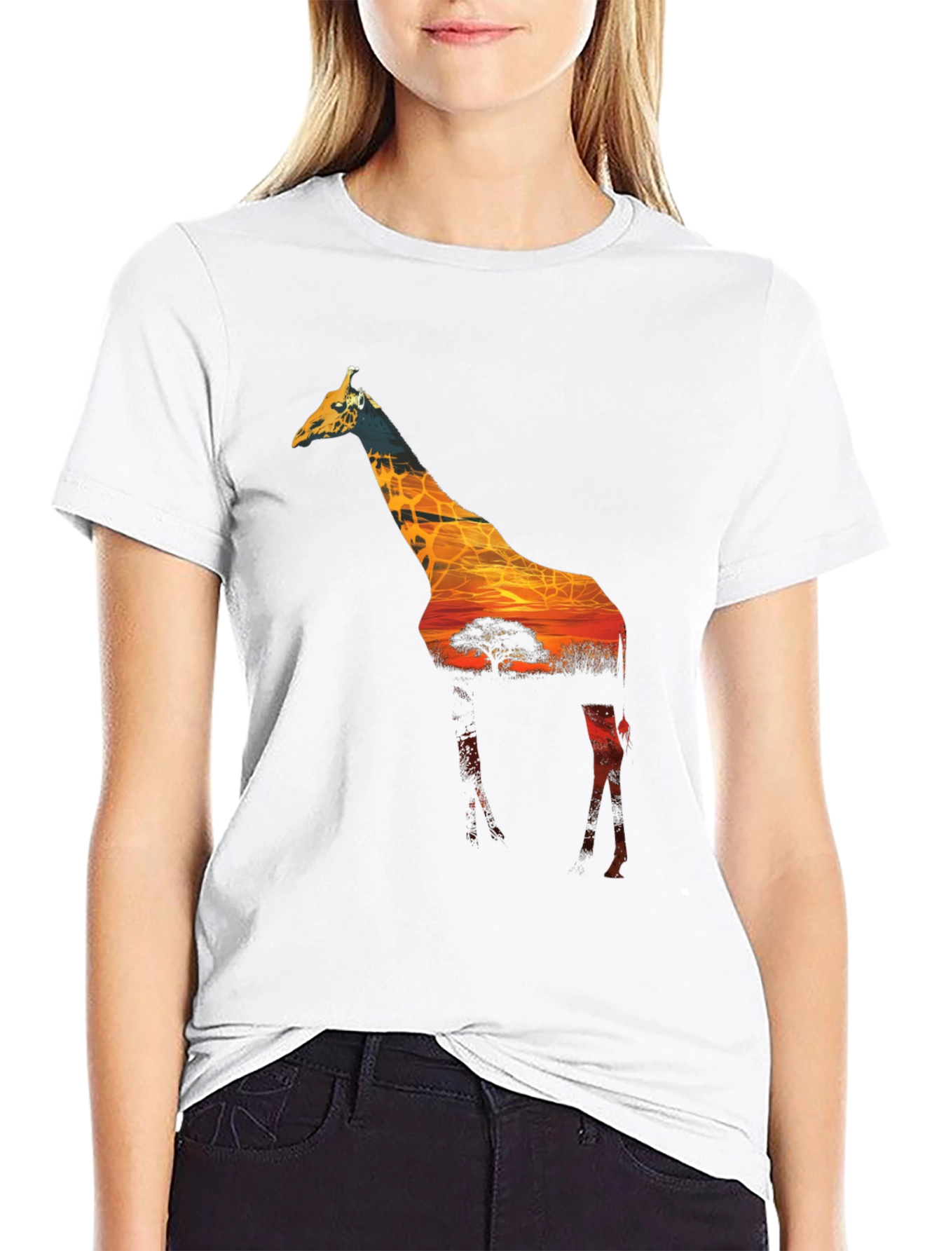 Giraffe Sunset Graphic Black T-Shirt