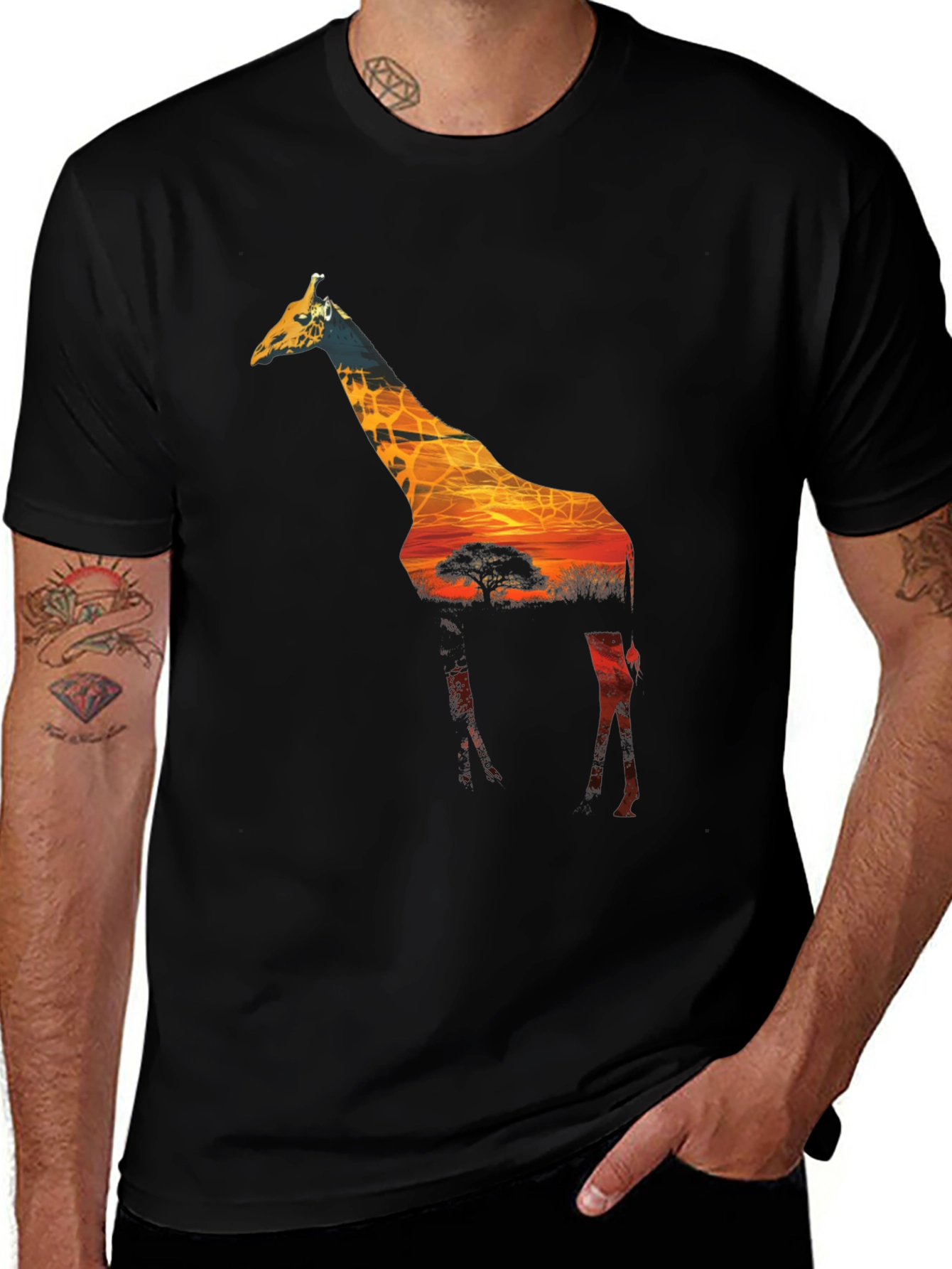Giraffe Sunset Graphic Black T-Shirt