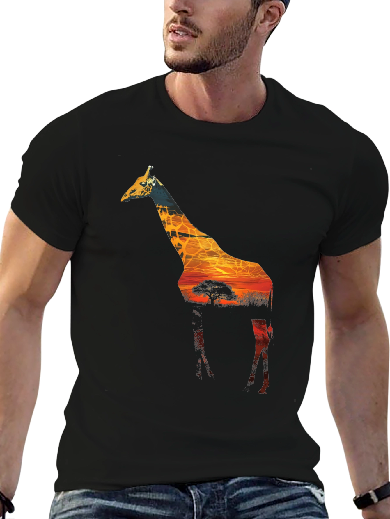 Giraffe Sunset Graphic Black T-Shirt