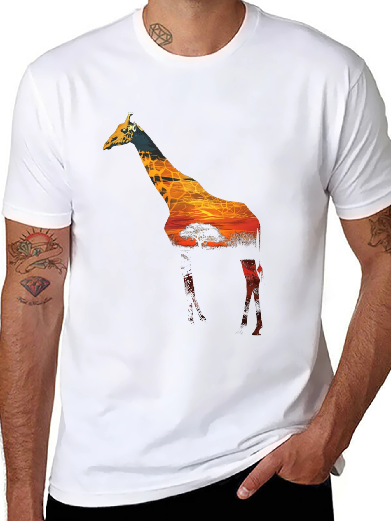 Giraffe Sunset Graphic Black T-Shirt