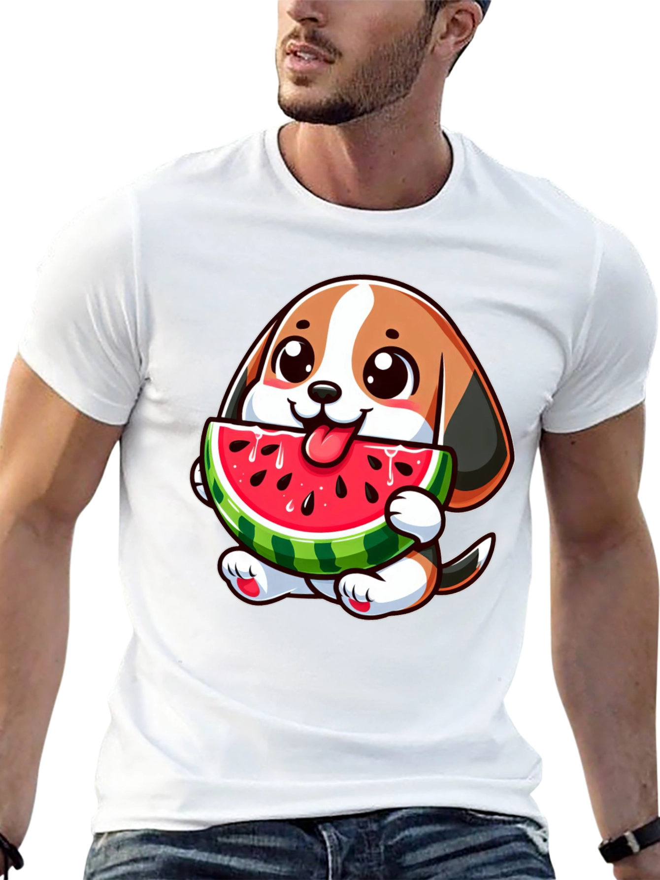 Cute Dog with Watermelon Black T-Shirt