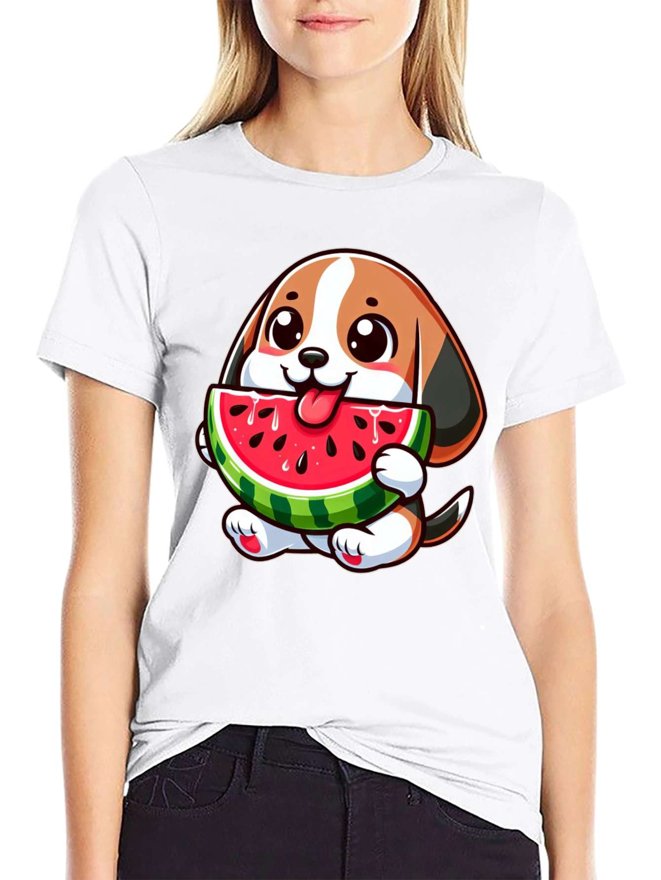 Cute Dog with Watermelon Black T-Shirt