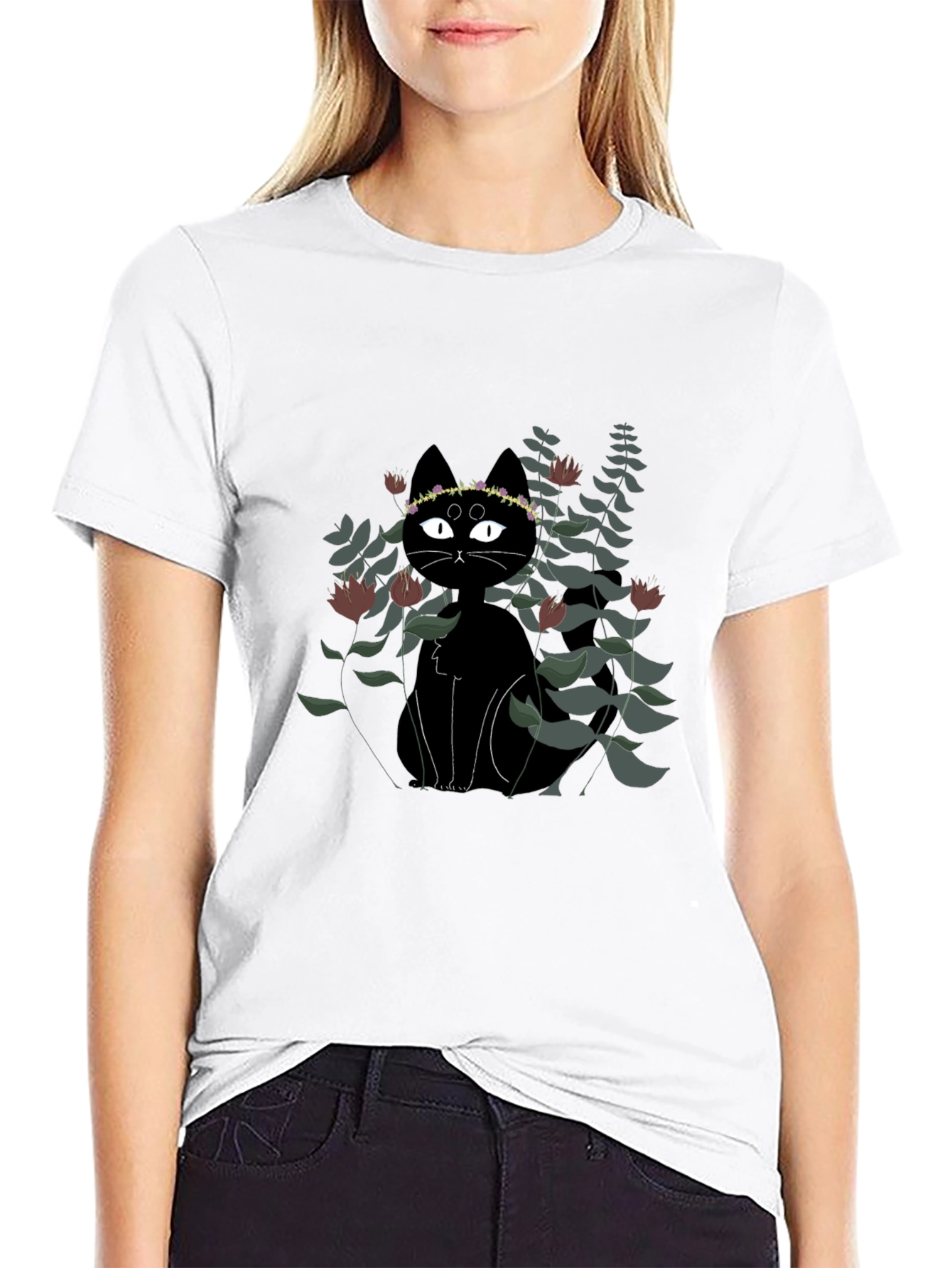 Black Cat Floral Crown T-Shirt