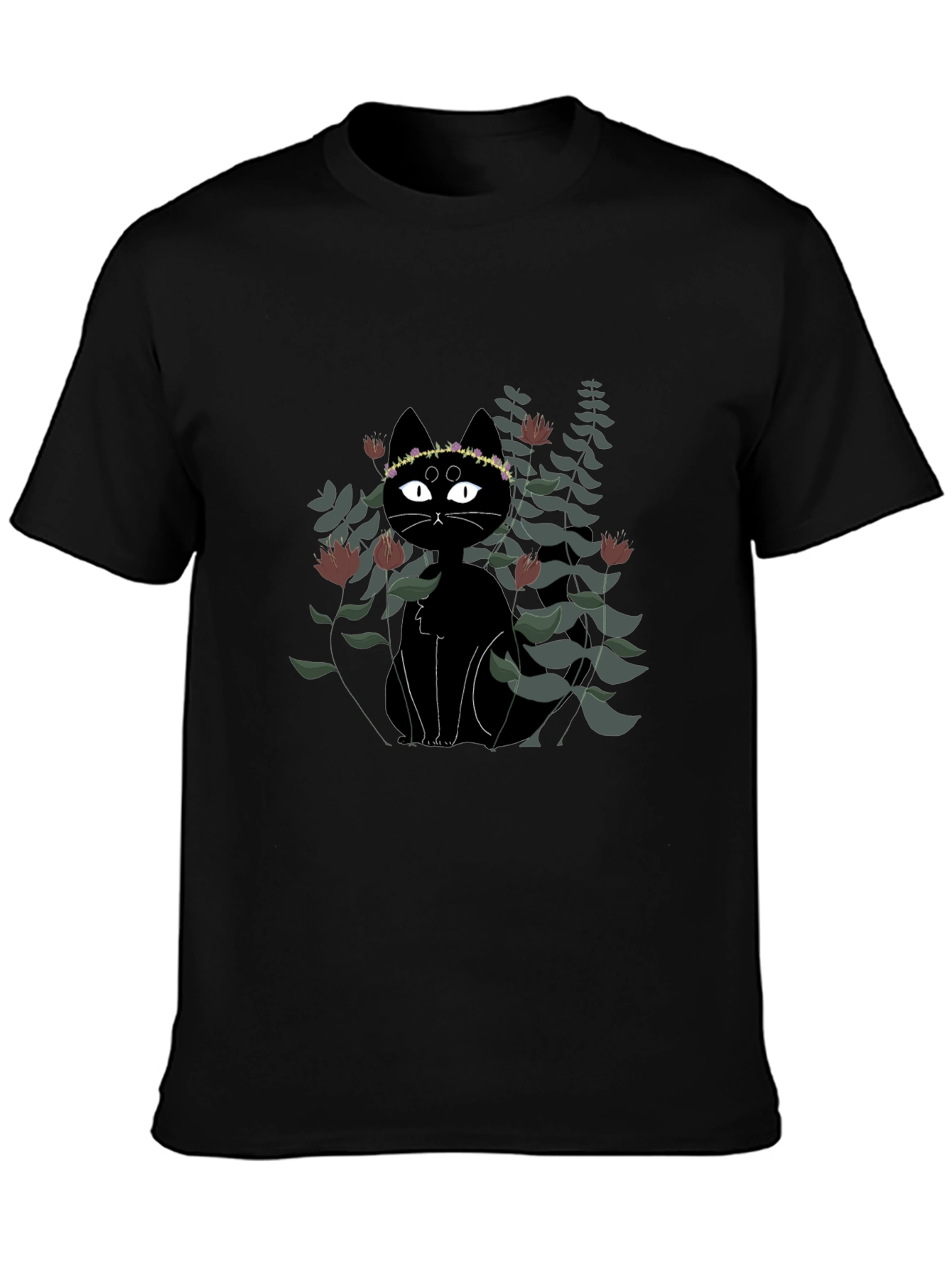 Black Cat Floral Crown T-Shirt