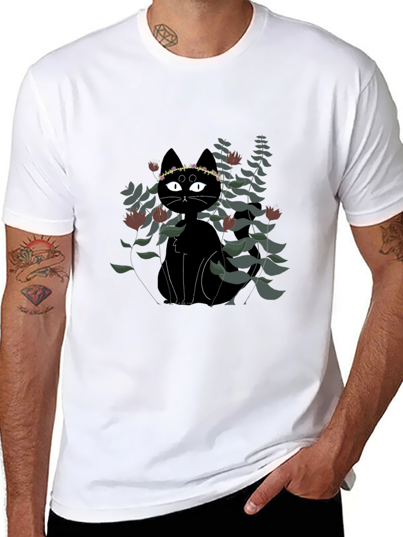 Black Cat Floral Crown T-Shirt
