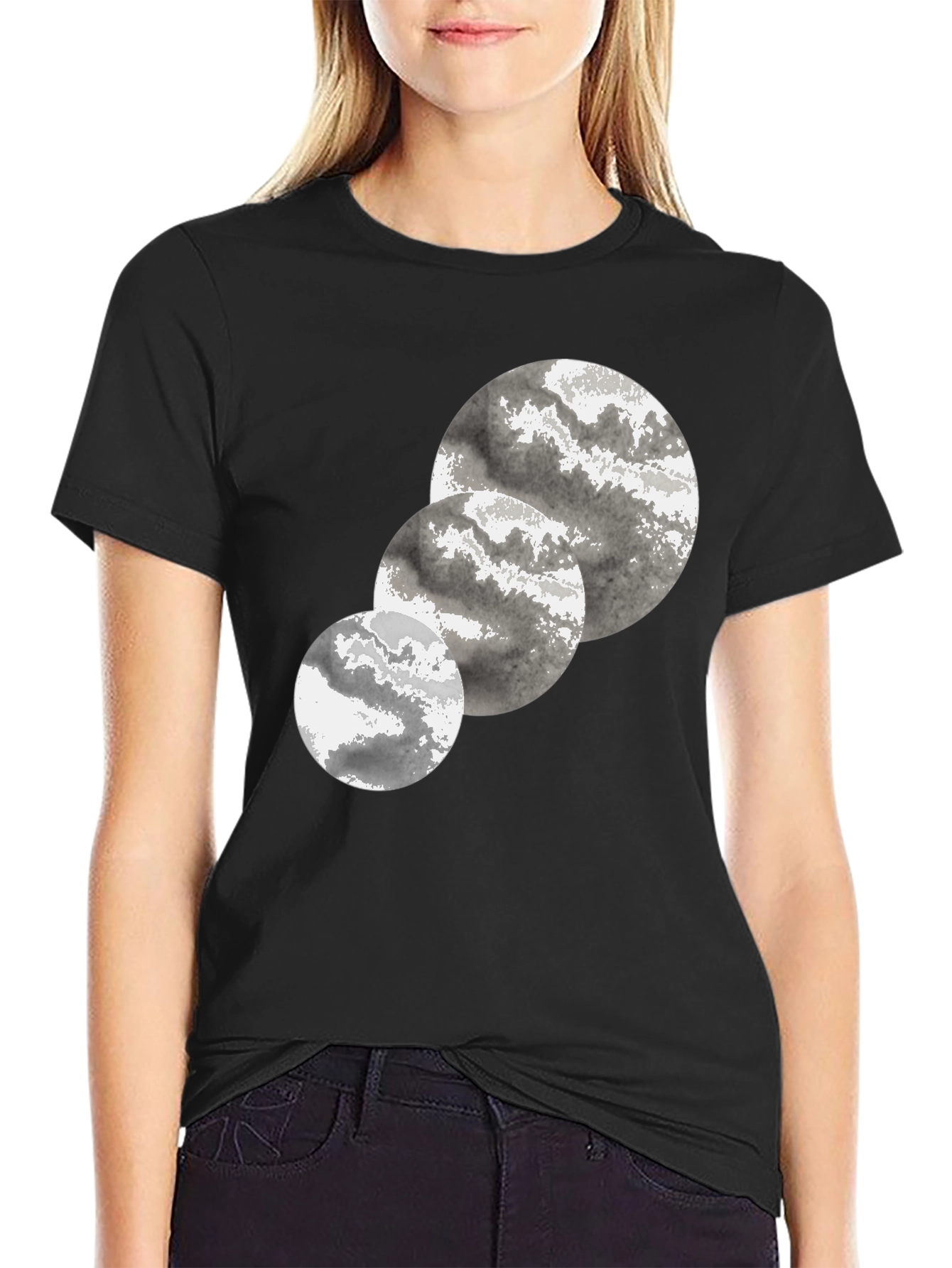 Abstract Three-Circle Graphic Tee - Black Cotton Casual T-Shirt