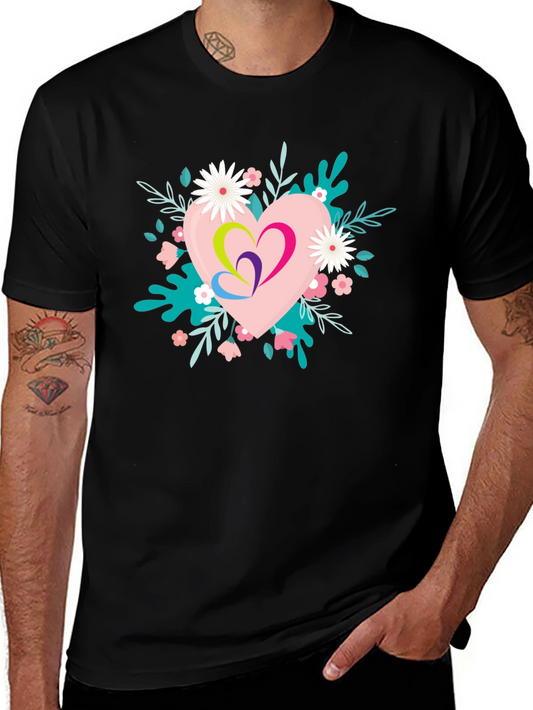 Floral Heart Graphic Black T-Shirt