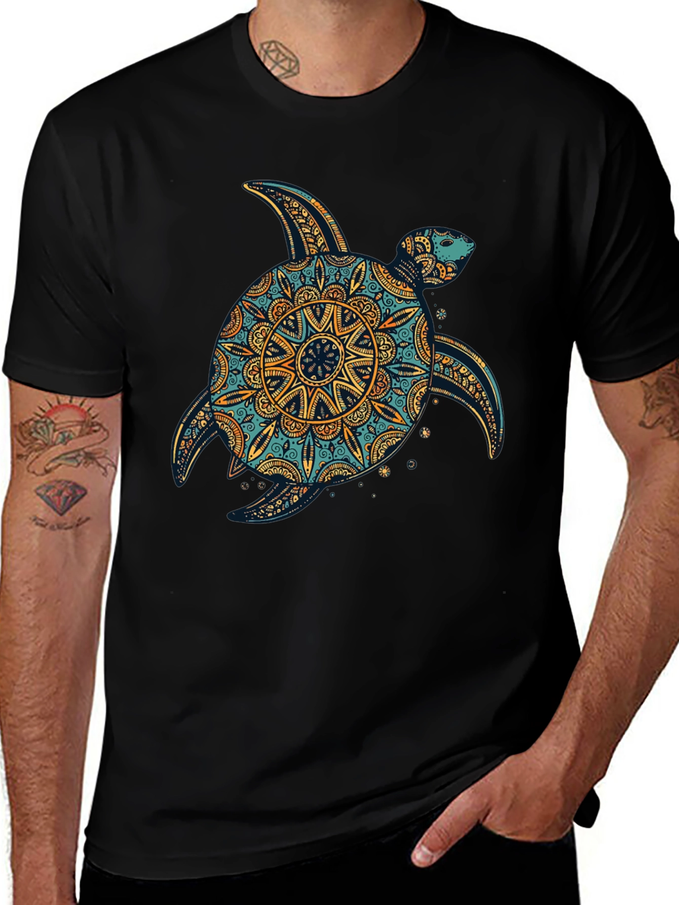 Turtle Mandala Print Black T-Shirt
