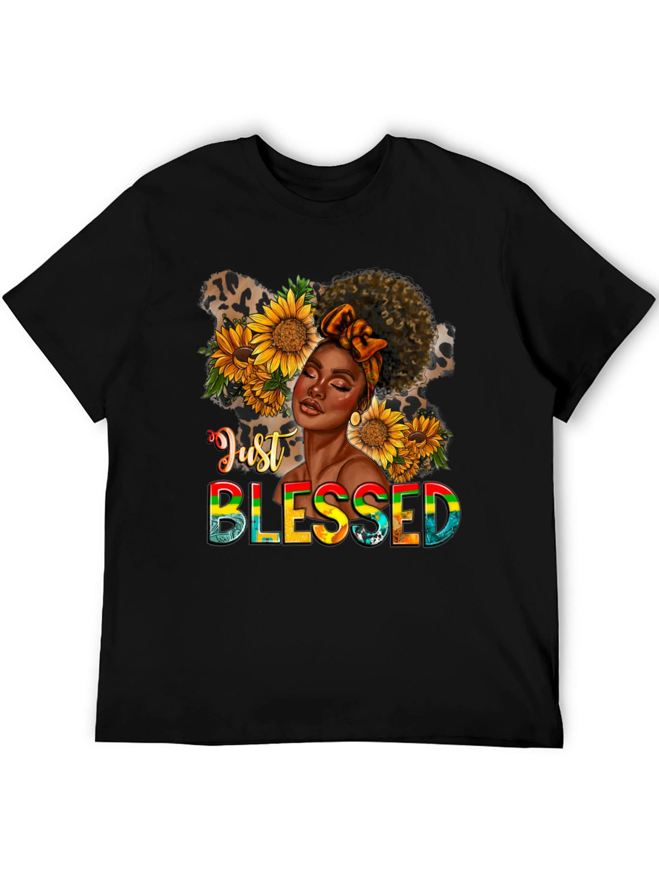 Just Blessed Black Woman Sunflower Graphic T-Shirt