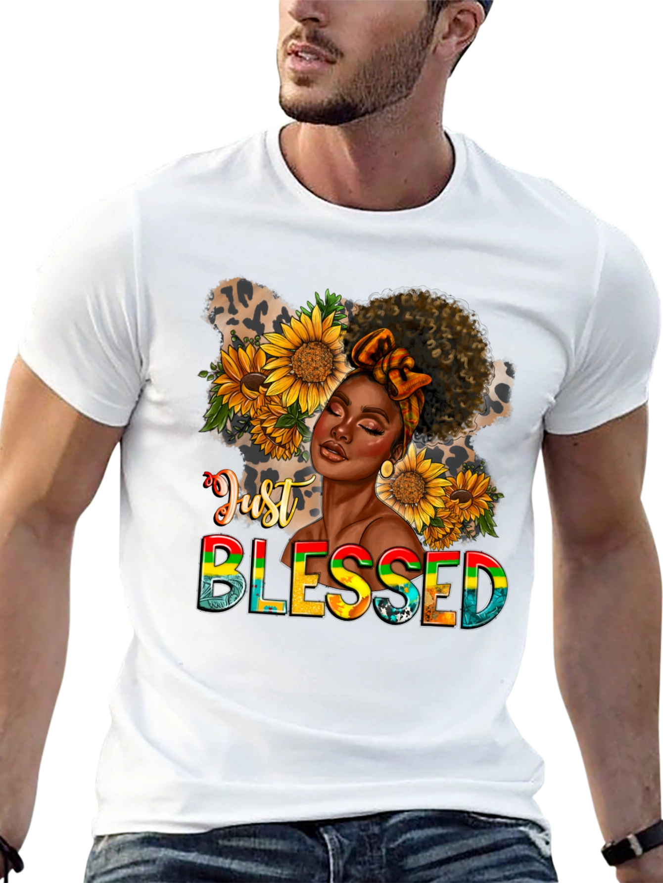 Just Blessed Black Woman Sunflower Graphic T-Shirt