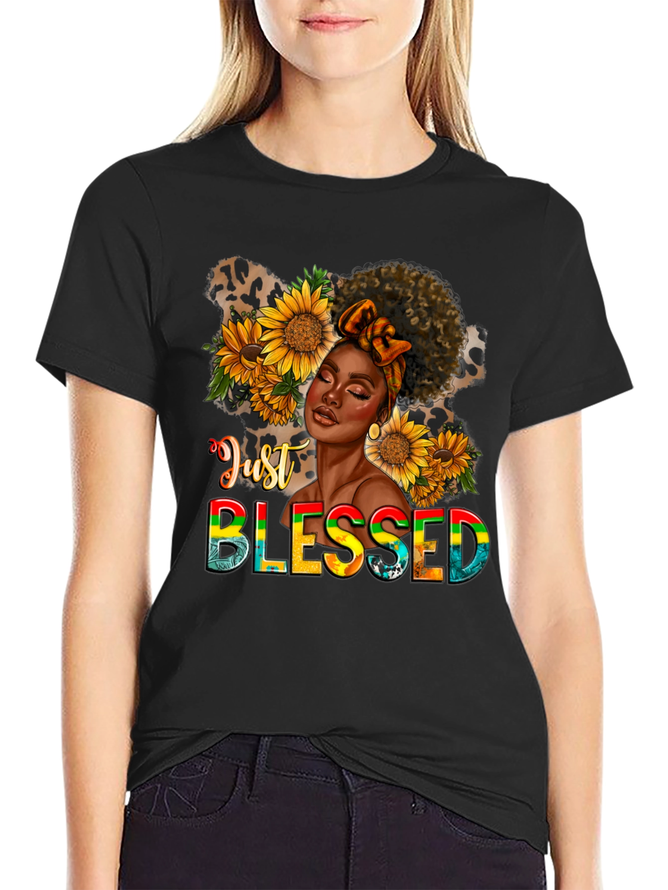 Just Blessed Black Woman Sunflower Graphic T-Shirt