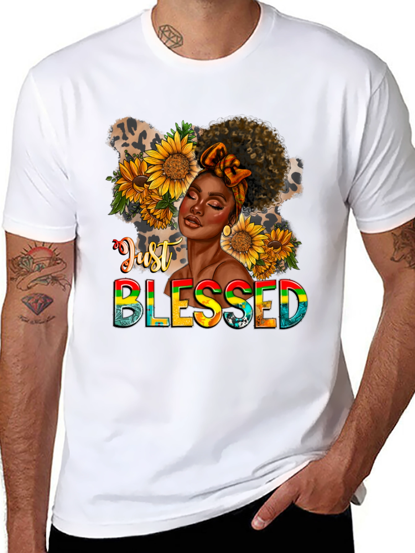 Just Blessed Black Woman Sunflower Graphic T-Shirt