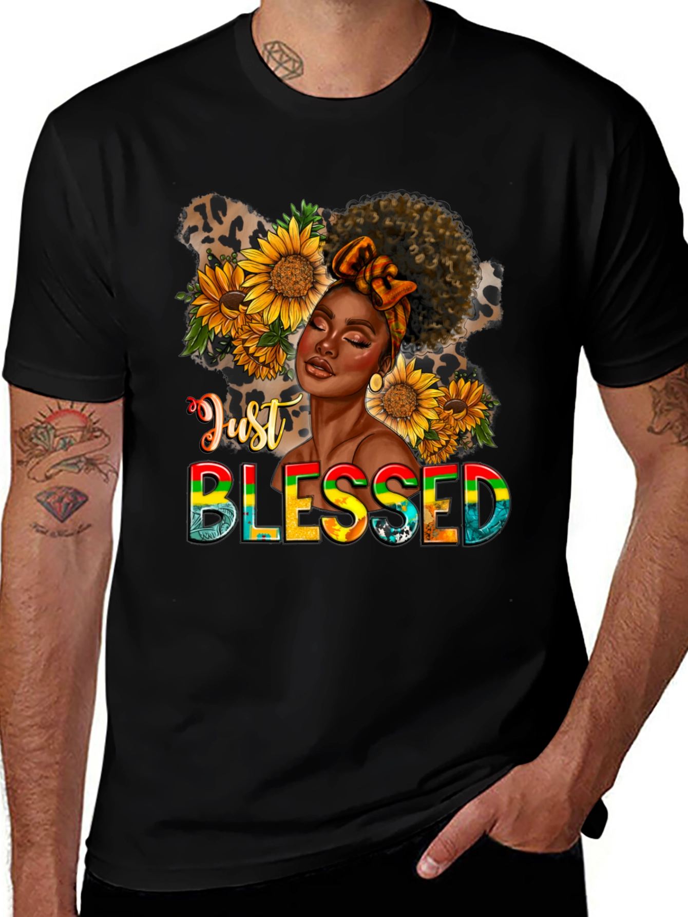 Just Blessed Black Woman Sunflower Graphic T-Shirt