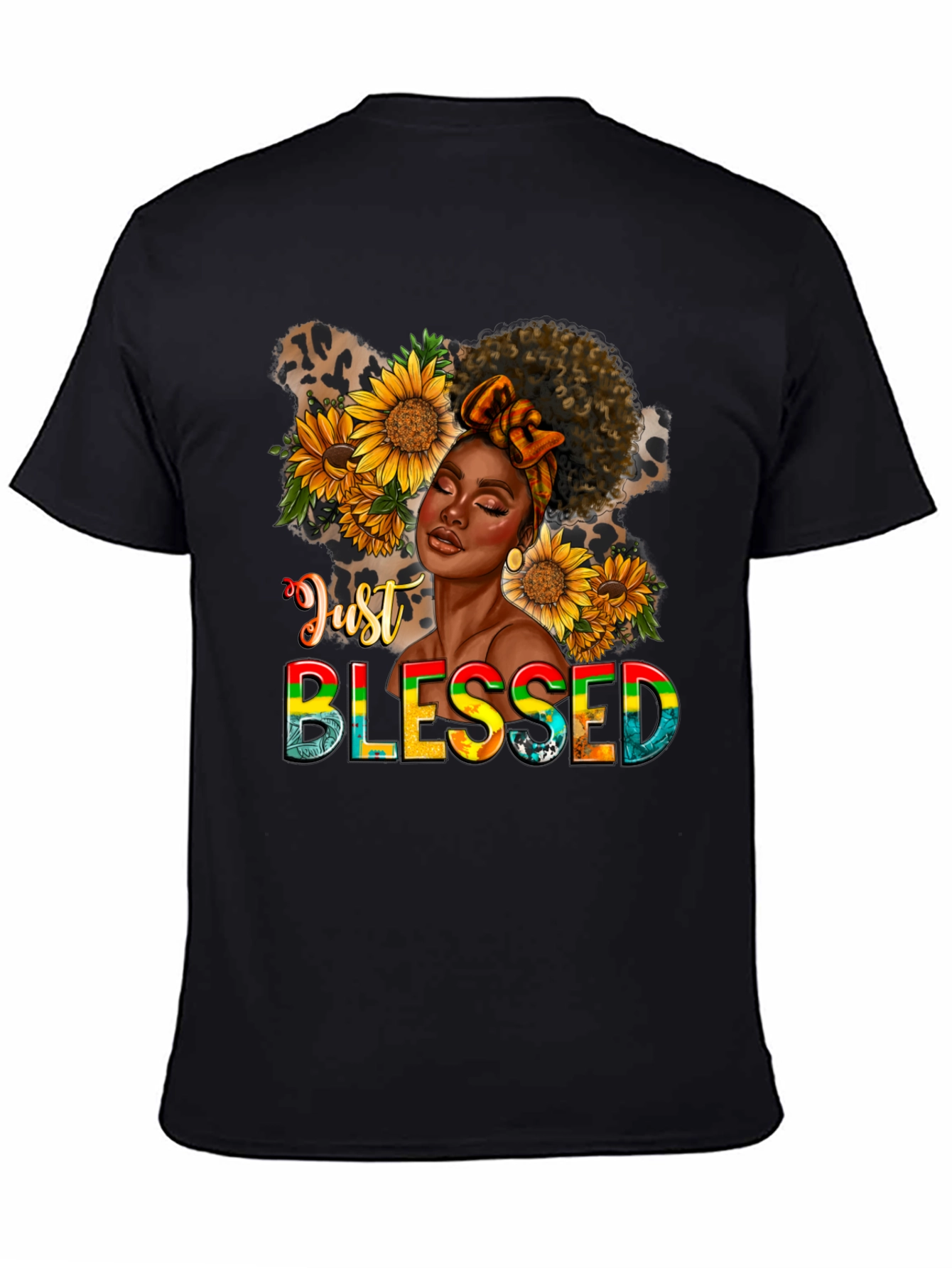 Just Blessed Black Woman Sunflower Graphic T-Shirt
