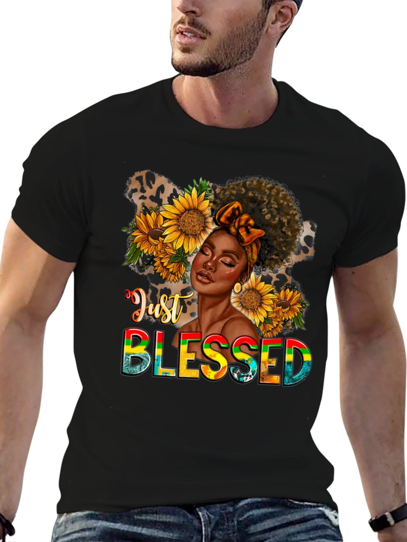 Just Blessed Black Woman Sunflower Graphic T-Shirt