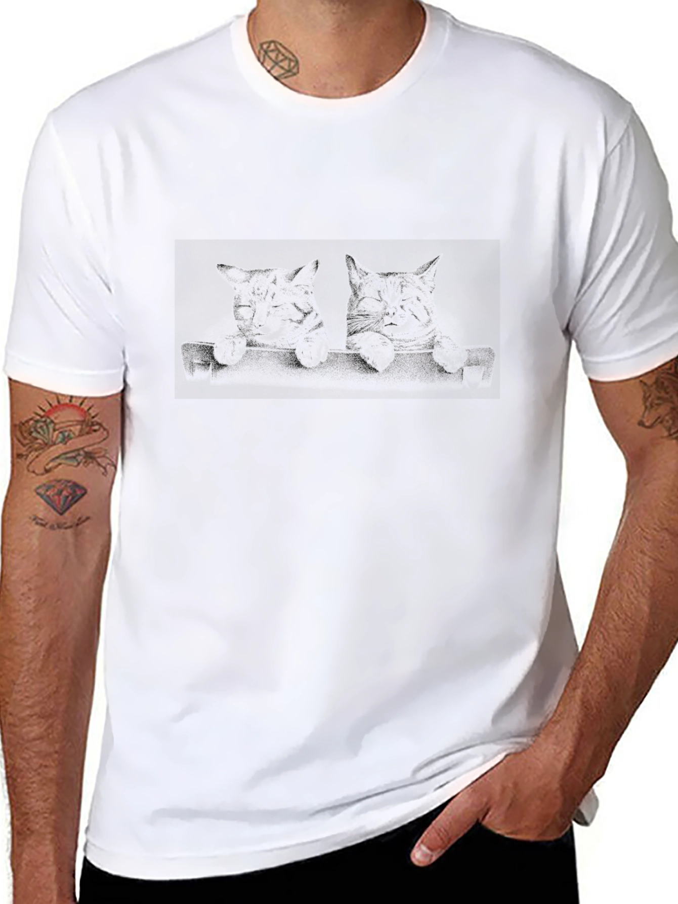 Mens Black Graphic Tee - Cat Design