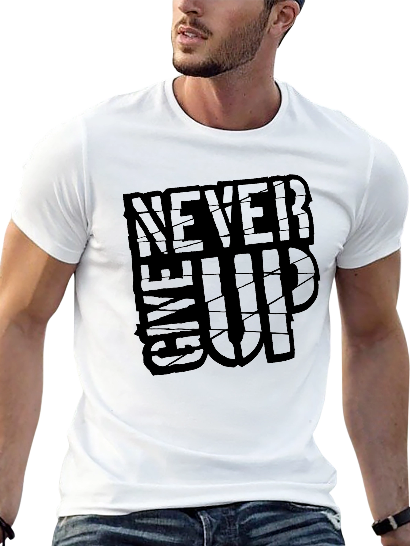 Never Give Up Graphic Print Black T-Shirt