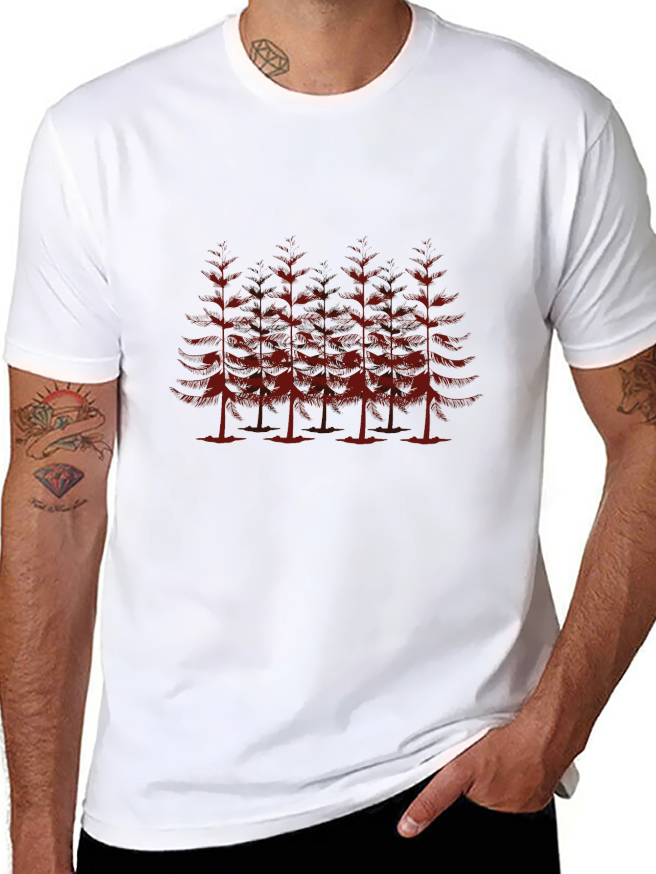 Mens Black T-Shirt with Red Pine Tree Design