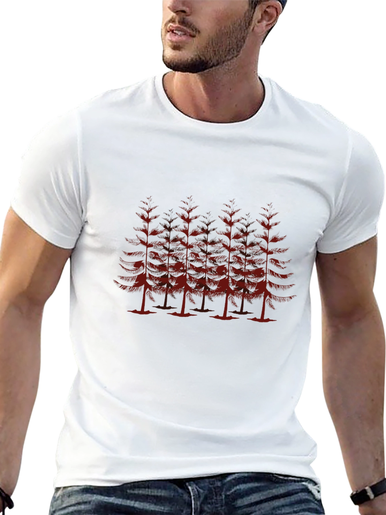 Mens Black T-Shirt with Red Pine Tree Design