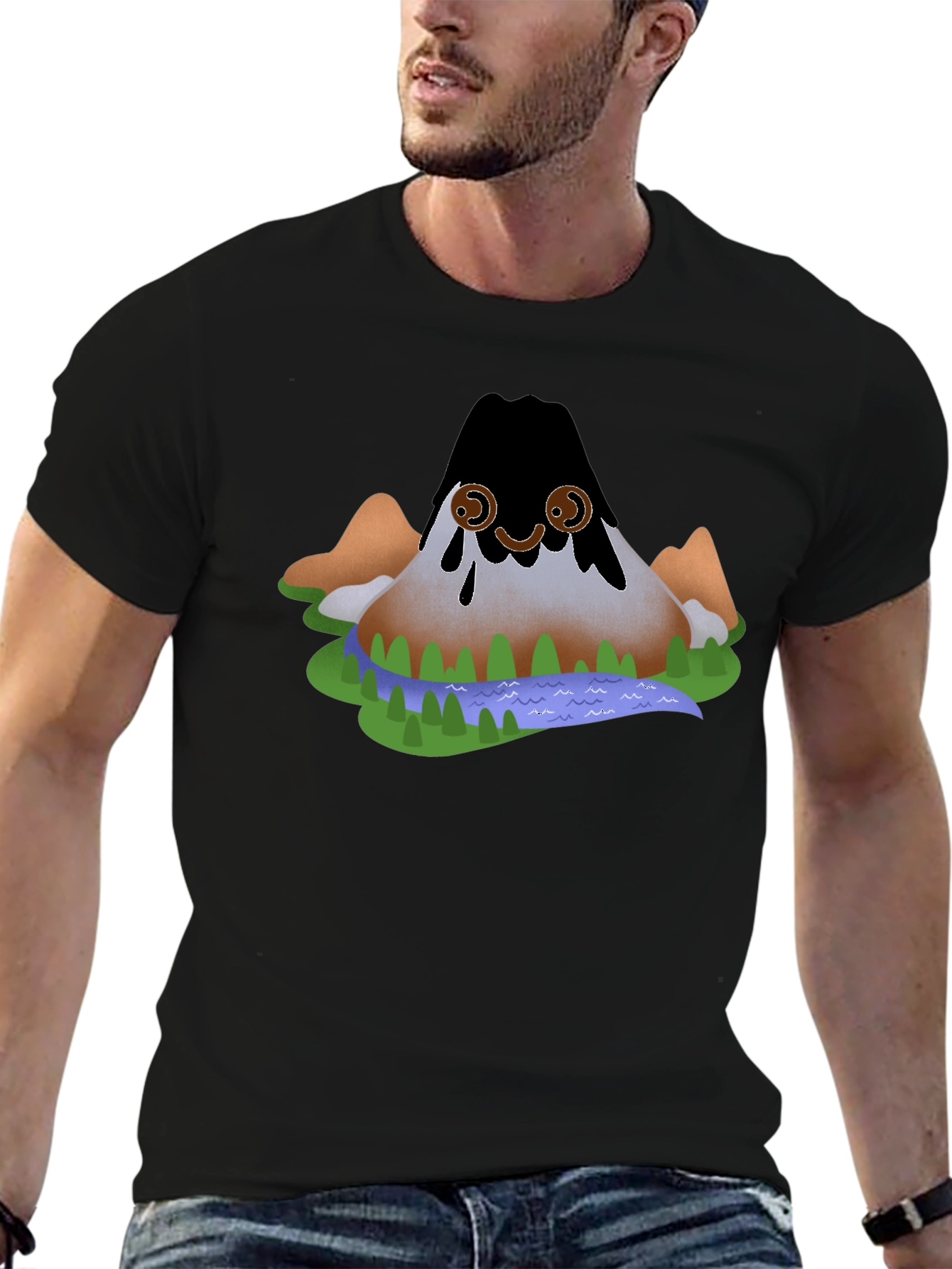 Cartoon Volcano Black T-Shirt