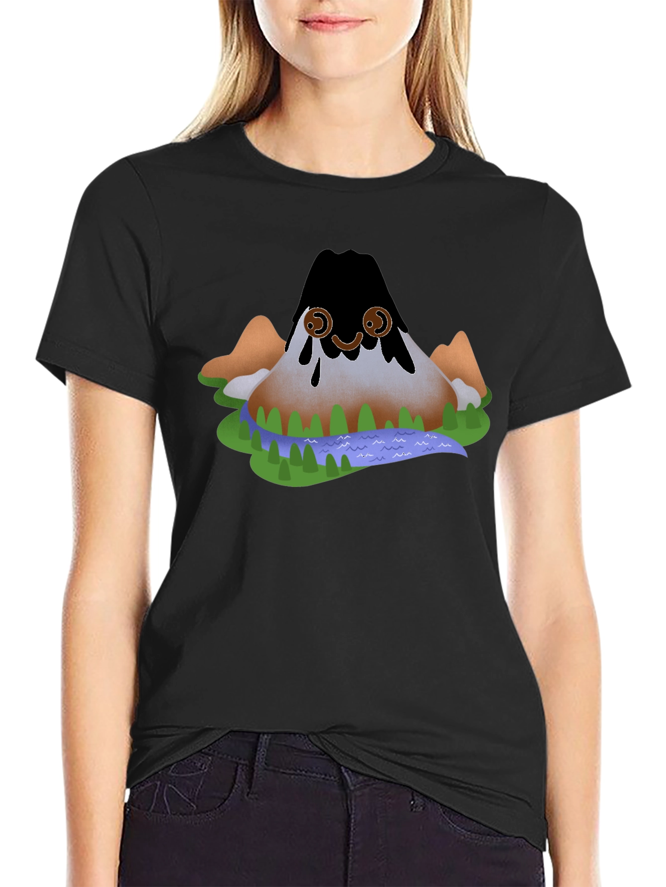 Cartoon Volcano Black T-Shirt