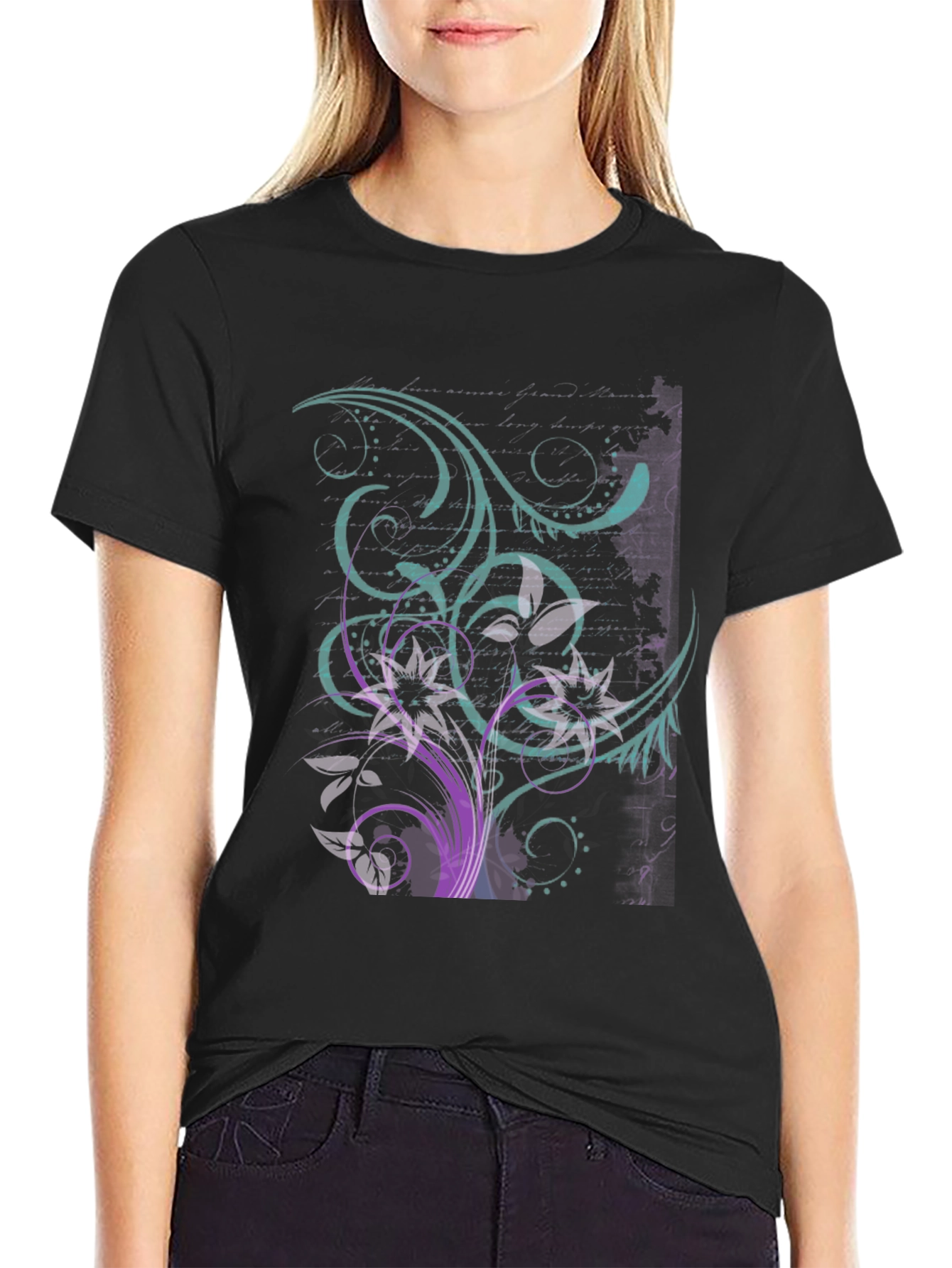 Floral Swirl Graphic Tee - Black