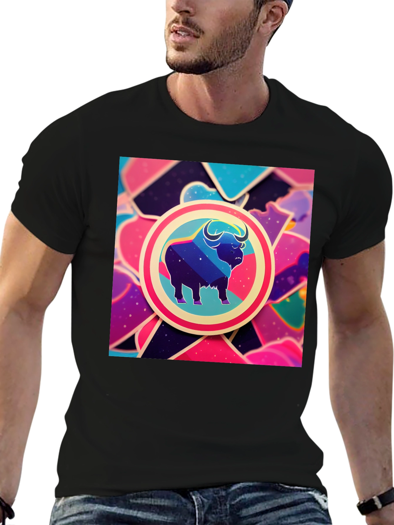 Galaxy Bull Graphic Tee - Trendy Mens Black T-Shirt
