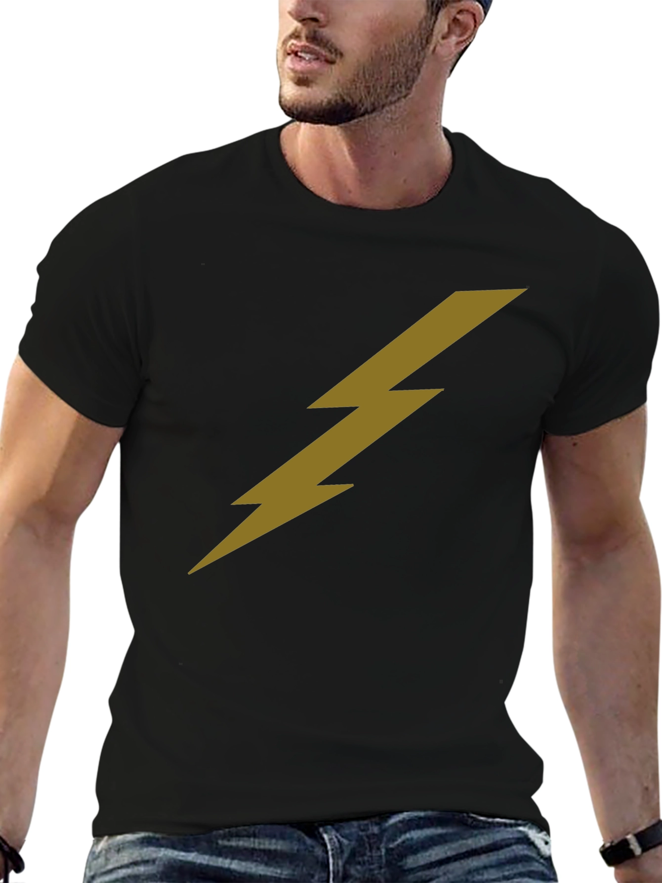Black T-Shirt with Gold Lightning Bolt Design