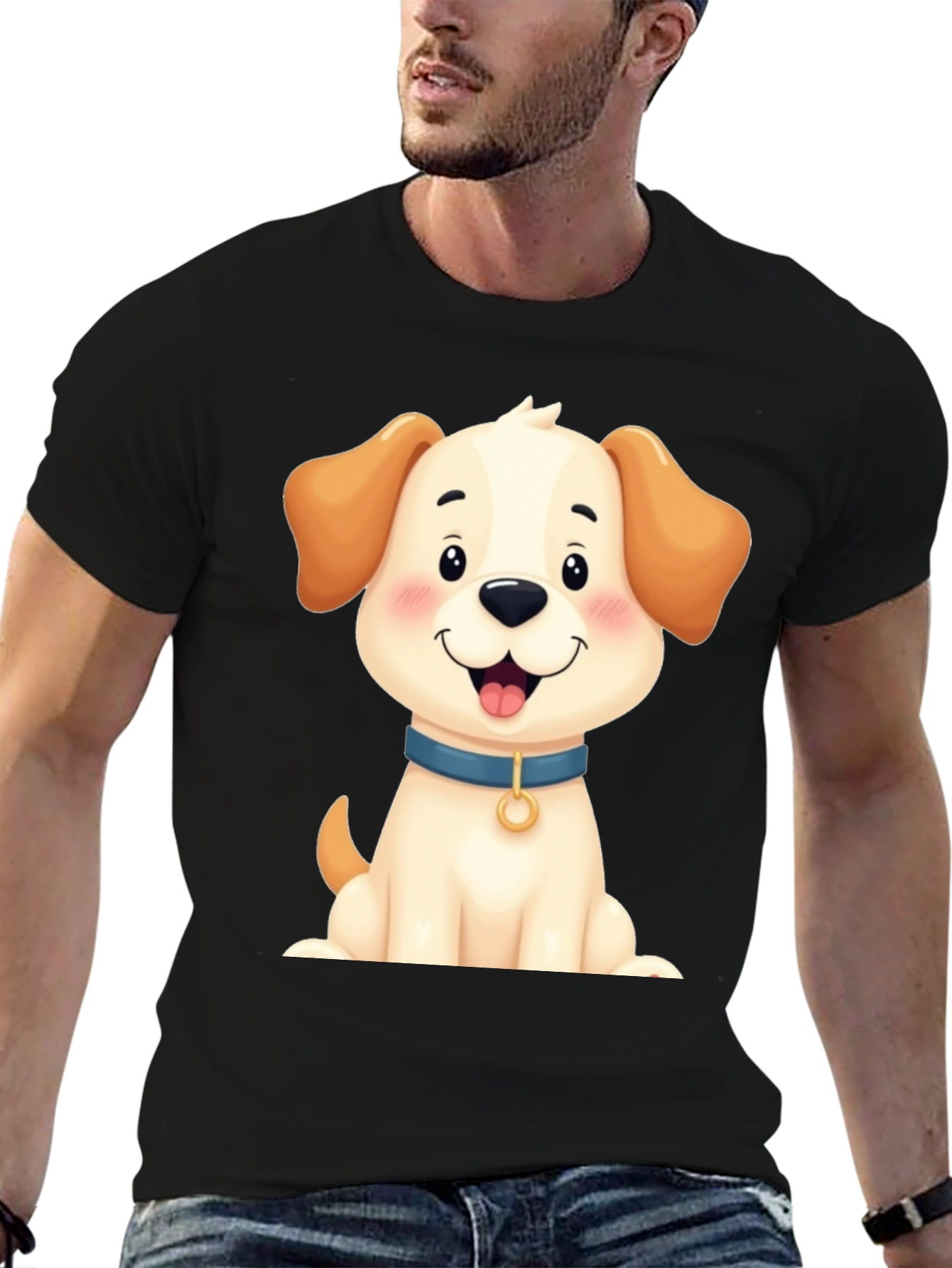 Cute Dog Graphic Tee - Black Cotton Blend